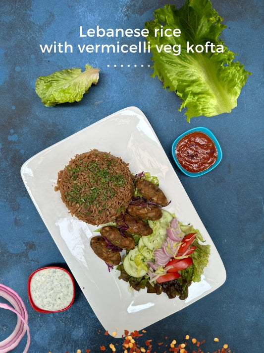 Lebanese Rice with Vermicelli & Veg Kofta & Salad – Tzatziki & Red Sauce