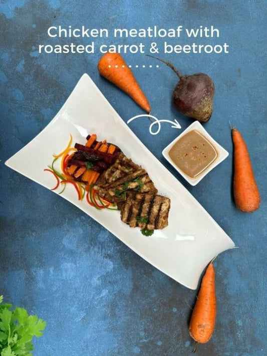 Chicken MeatLoaf w Roasted Carrot & Beetroot Sticks w Mustard Balsamic Sauce