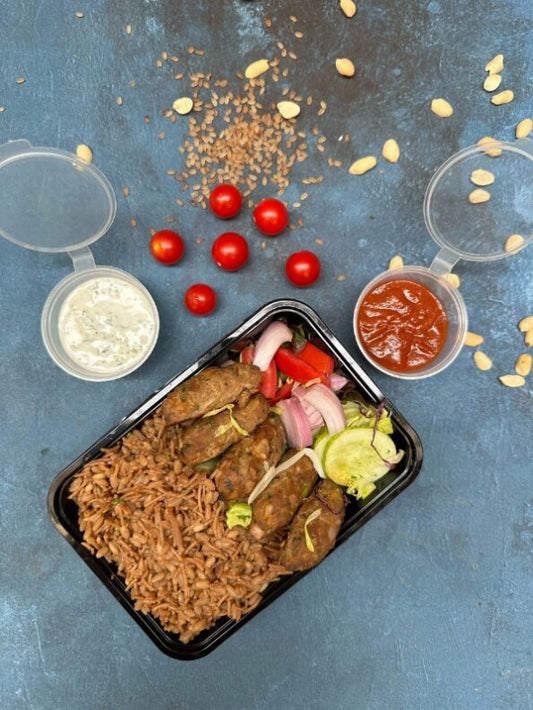 Lebanese Rice with Vermicelli & Chicken Kofta & Salad – Tzatziki & Red Sauce
