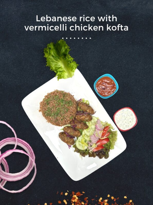 Lebanese Rice with Vermicelli & Chicken Kofta & Salad – Tzatziki & Red Sauce