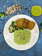 Pea Mash with Black Bean Patty and Broccoli Mix Seed Salad