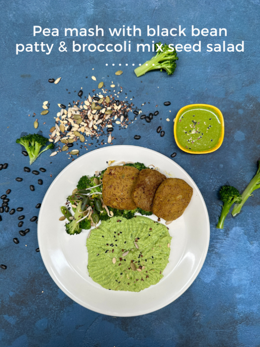 Pea Mash with Black Bean Patty and Broccoli Mix Seed Salad